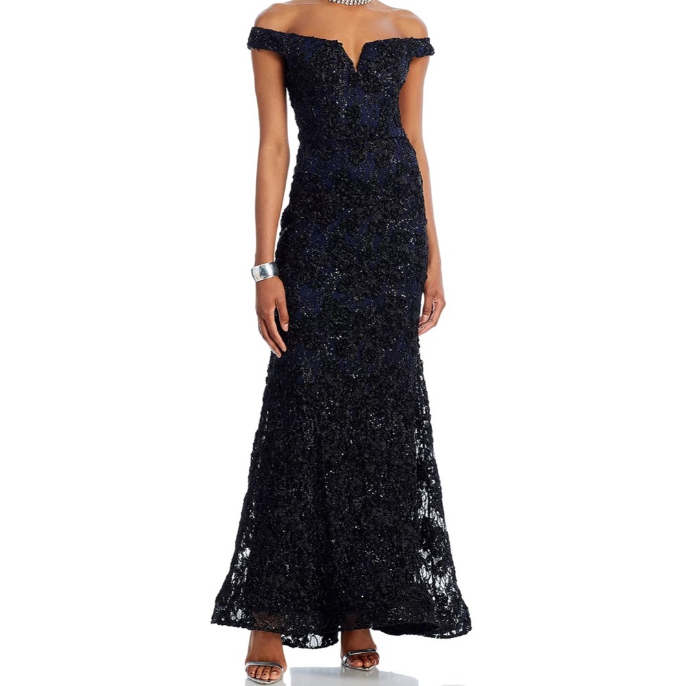 AQUA Off-the-Shoulder Embellished Lace Gown